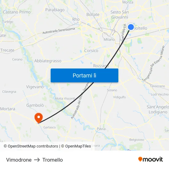 Vimodrone to Tromello map