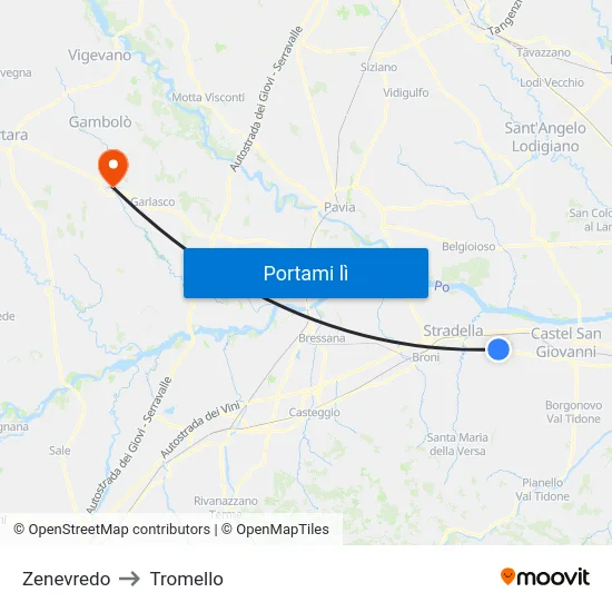 Zenevredo to Tromello map