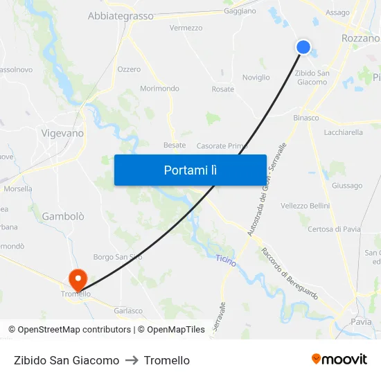Zibido San Giacomo to Tromello map