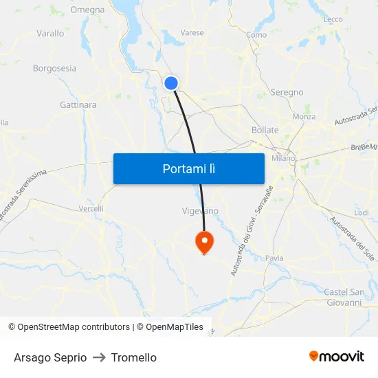 Arsago Seprio to Tromello map