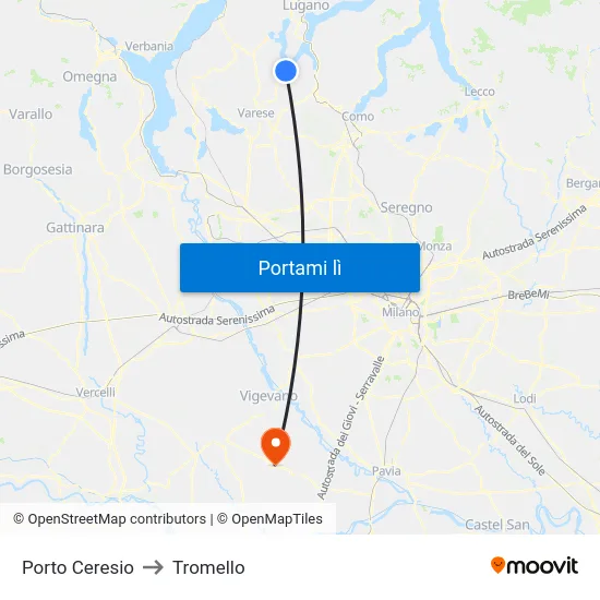 Porto Ceresio to Tromello map