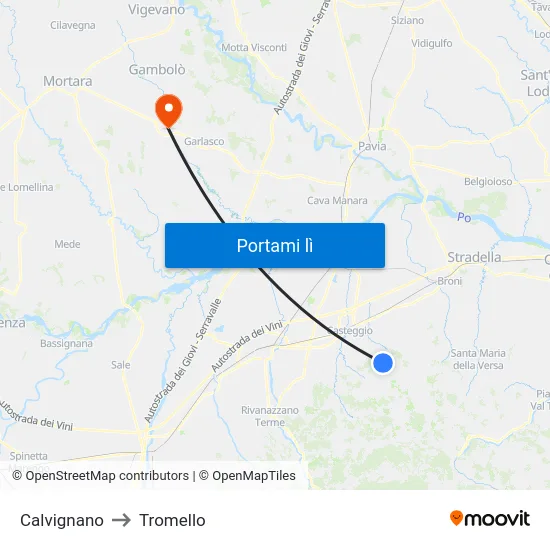 Calvignano to Tromello map