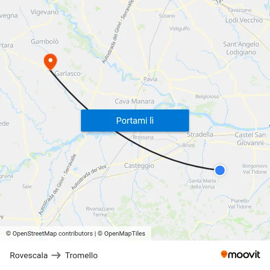 Rovescala to Tromello map
