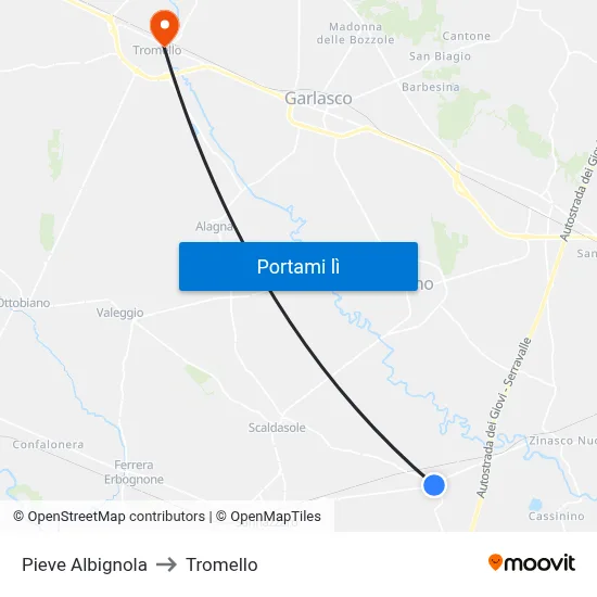 Pieve Albignola to Tromello map