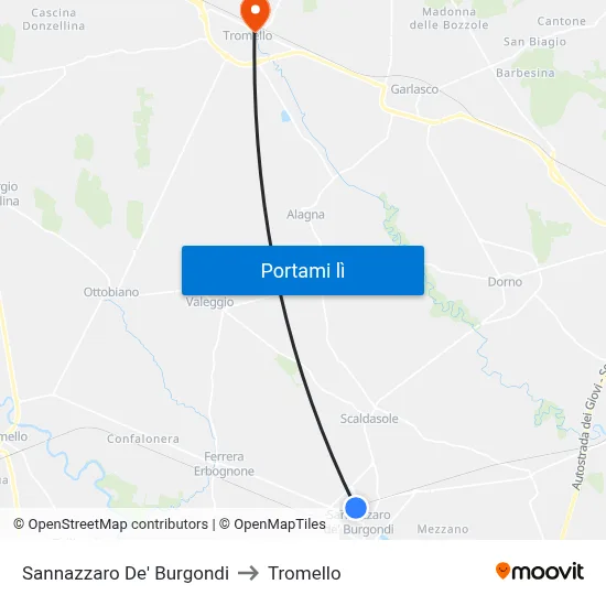 Sannazzaro De' Burgondi to Tromello map