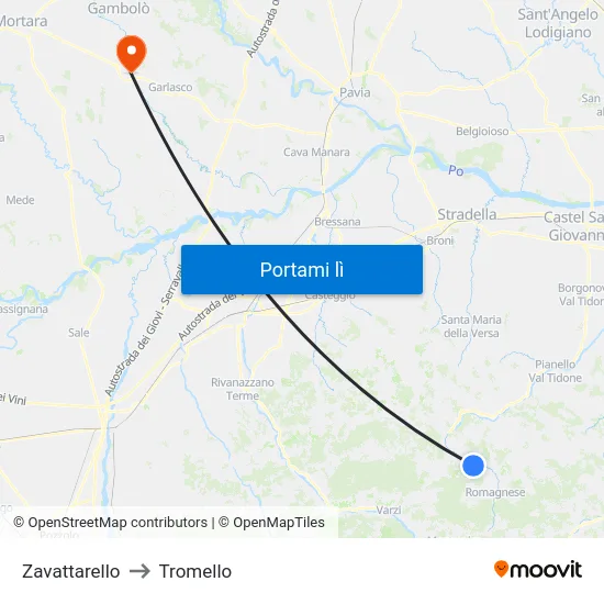 Zavattarello to Tromello map
