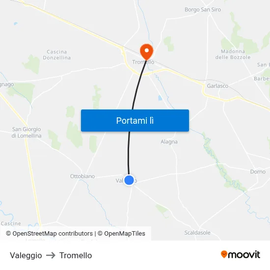 Valeggio to Tromello map