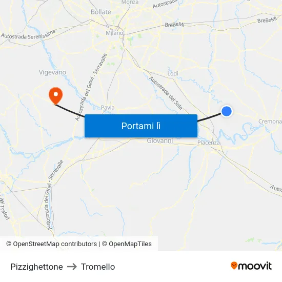 Pizzighettone to Tromello map