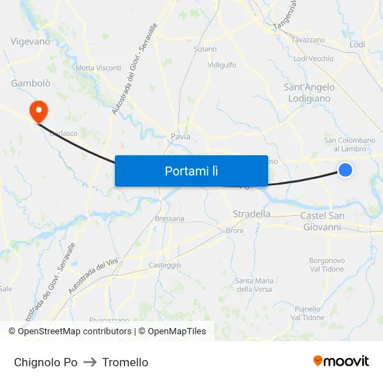 Chignolo Po to Tromello map
