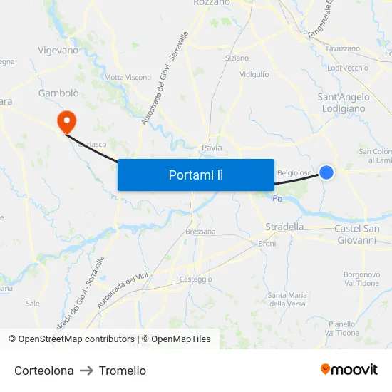 Corteolona to Tromello map