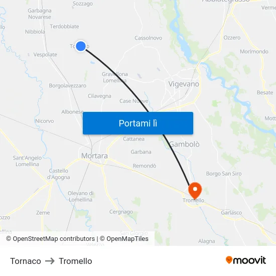 Tornaco to Tromello map
