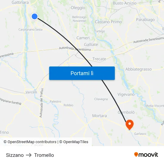 Sizzano to Tromello map