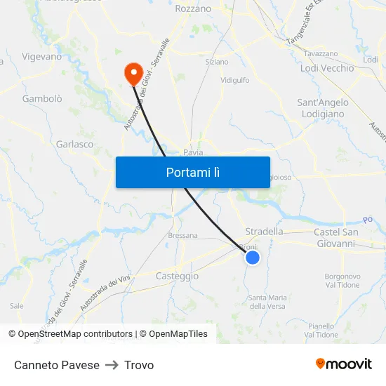 Canneto Pavese to Trovo map