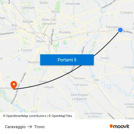 Caravaggio to Trovo map