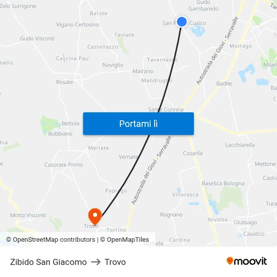 Zibido San Giacomo to Trovo map
