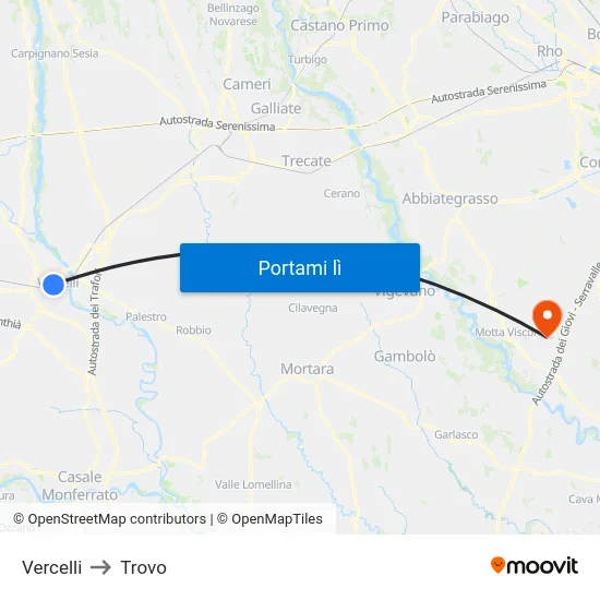 Vercelli to Trovo map