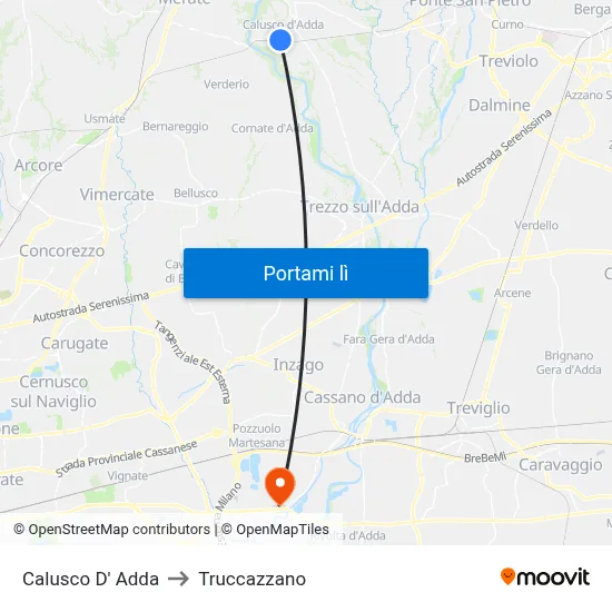 Calusco D' Adda to Truccazzano map