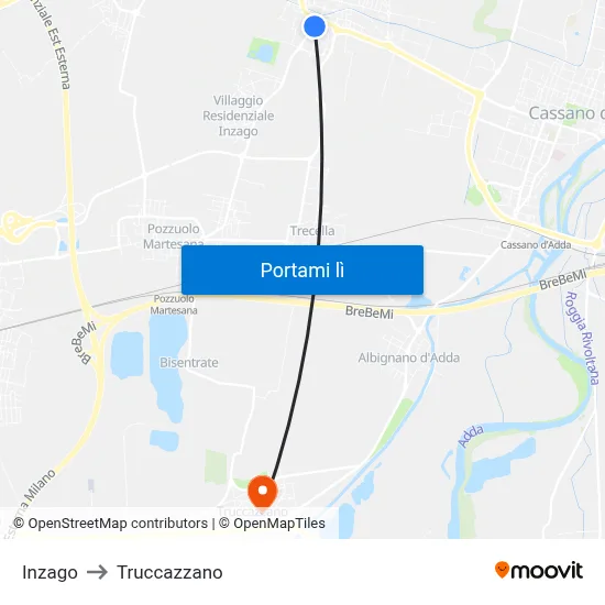 Inzago to Truccazzano map