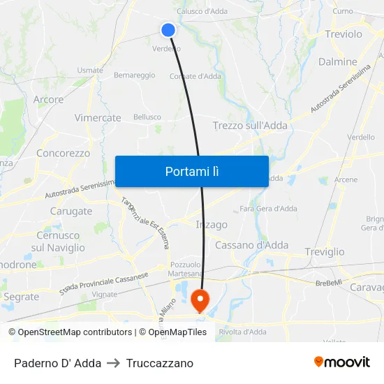 Paderno D' Adda to Truccazzano map