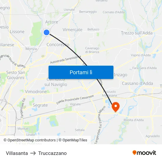 Villasanta to Truccazzano map
