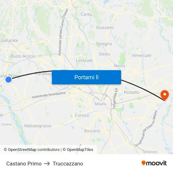 Castano Primo to Truccazzano map