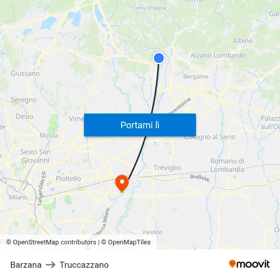 Barzana to Truccazzano map