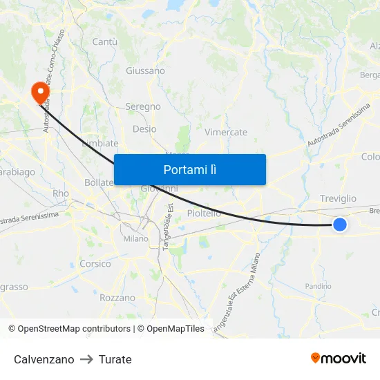 Calvenzano to Turate map
