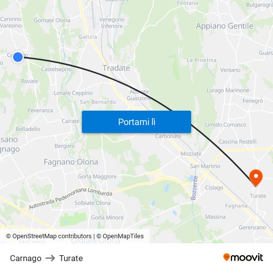 Carnago to Turate map