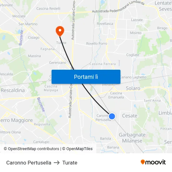Caronno Pertusella to Turate map