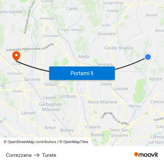 Correzzana to Turate map