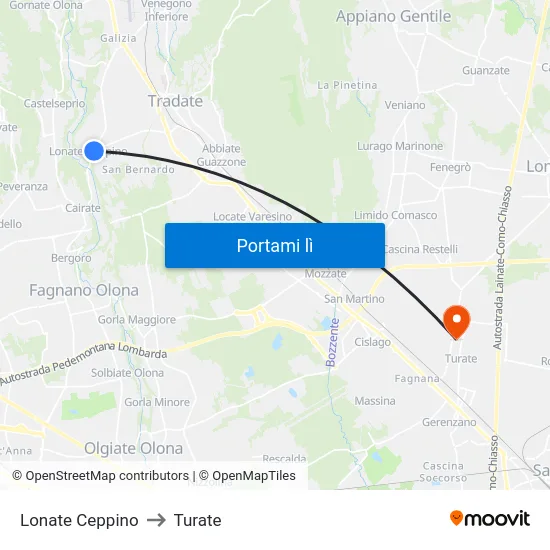 Lonate Ceppino to Turate map