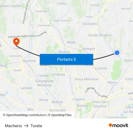 Macherio to Turate map