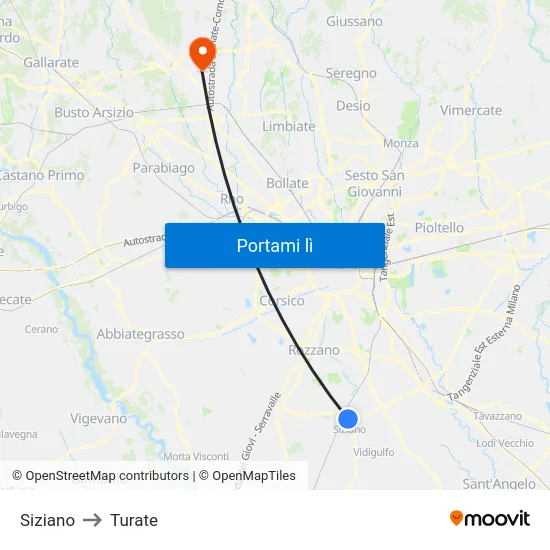 Siziano to Turate map