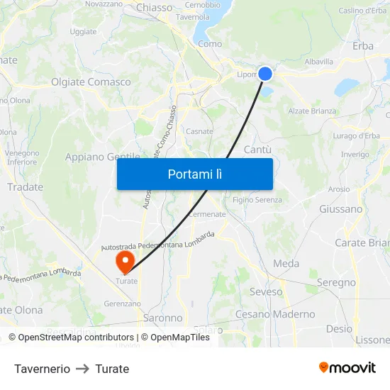 Tavernerio to Turate map