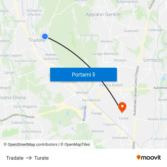 Tradate to Turate map