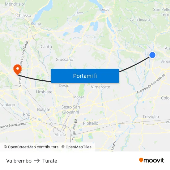 Valbrembo to Turate map