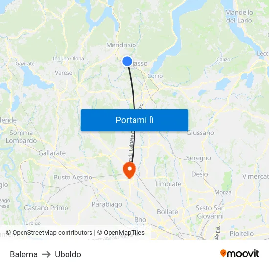 Balerna to Uboldo map
