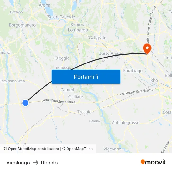 Vicolungo to Uboldo map