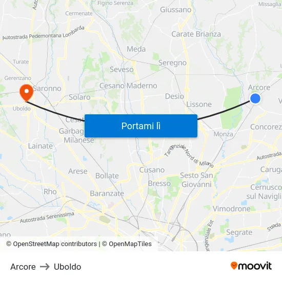 Arcore to Uboldo map