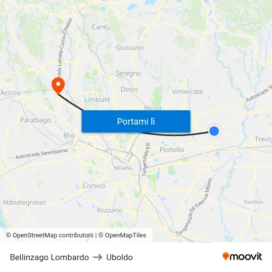 Bellinzago Lombardo to Uboldo map