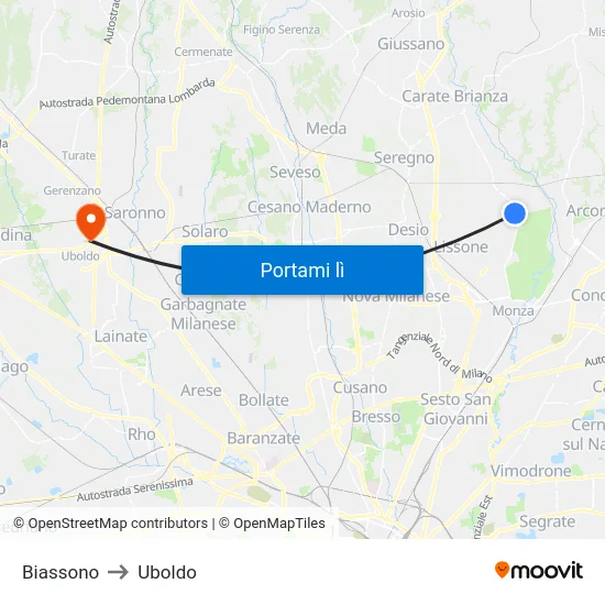 Biassono to Uboldo map