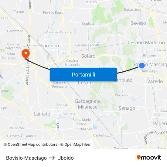 Bovisio-Masciago to Uboldo map