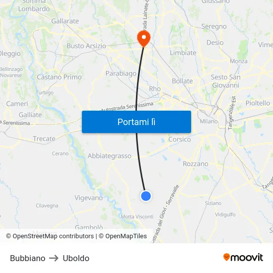 Bubbiano to Uboldo map
