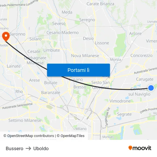 Bussero to Uboldo map