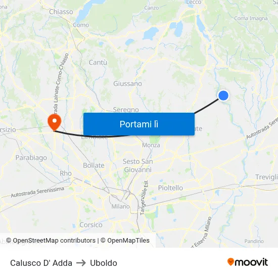 Calusco D' Adda to Uboldo map