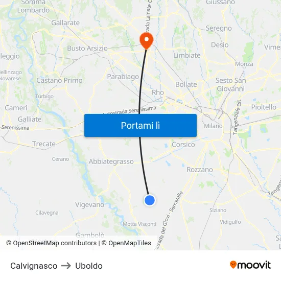 Calvignasco to Uboldo map