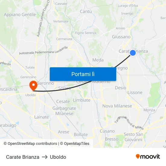 Carate Brianza to Uboldo map