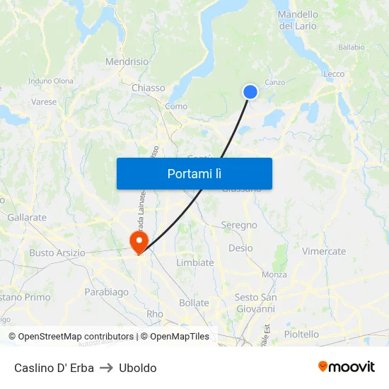 Caslino D' Erba to Uboldo map