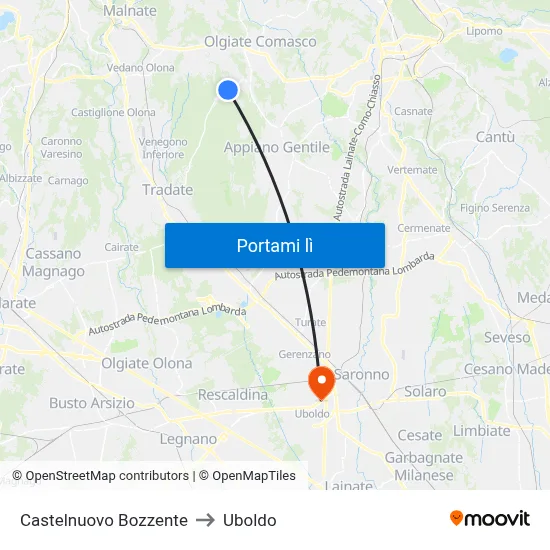 Castelnuovo Bozzente to Uboldo map