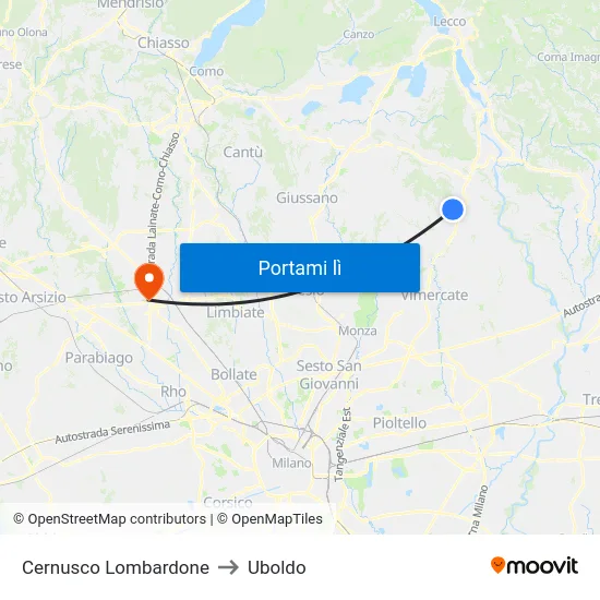 Cernusco Lombardone to Uboldo map